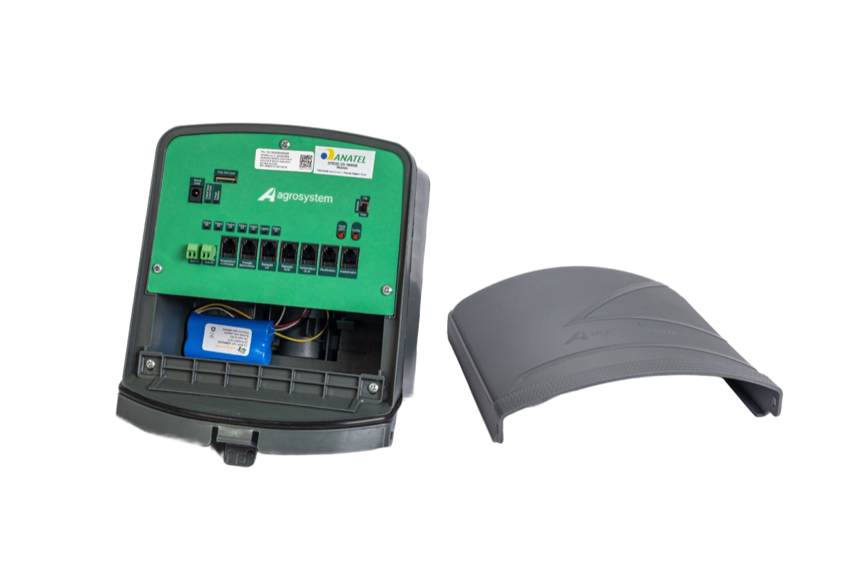Módulo Nuvon abierto, con placa electrónica, batería y etiqueta Anatel