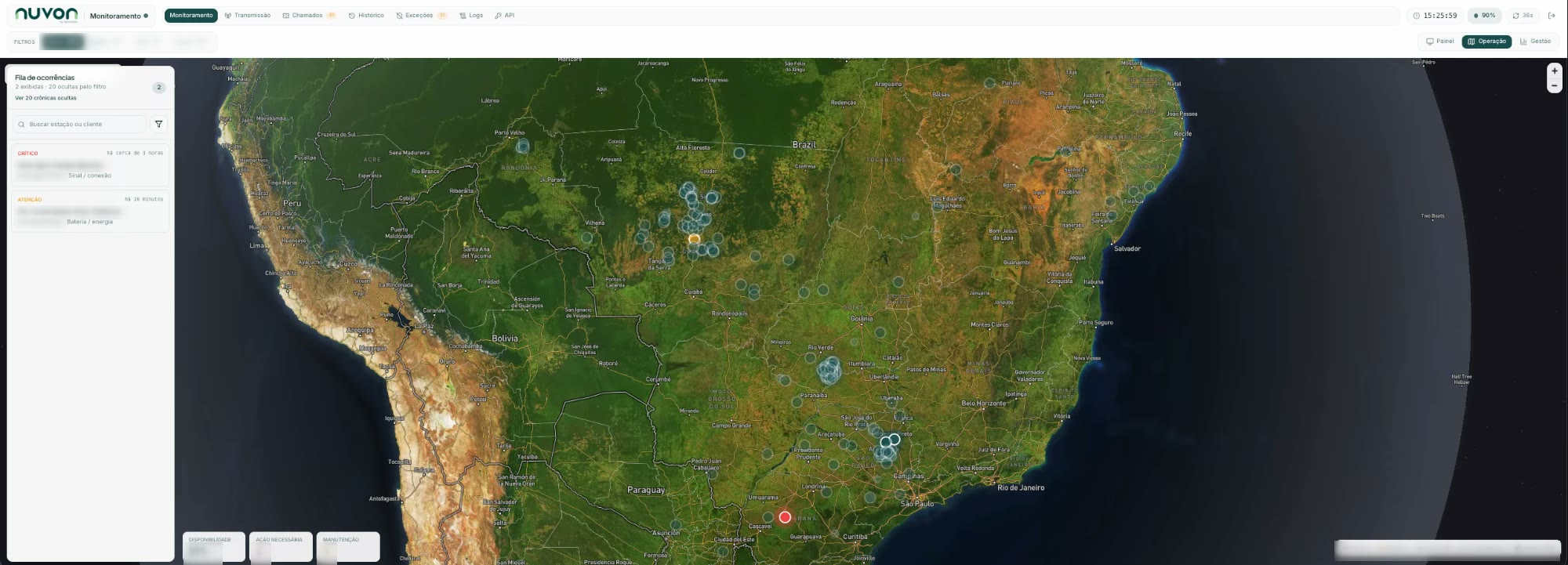 Panel de monitoreo de Agrosystem: mapa de Brasil con las estaciones por estado y la cola de incidencias